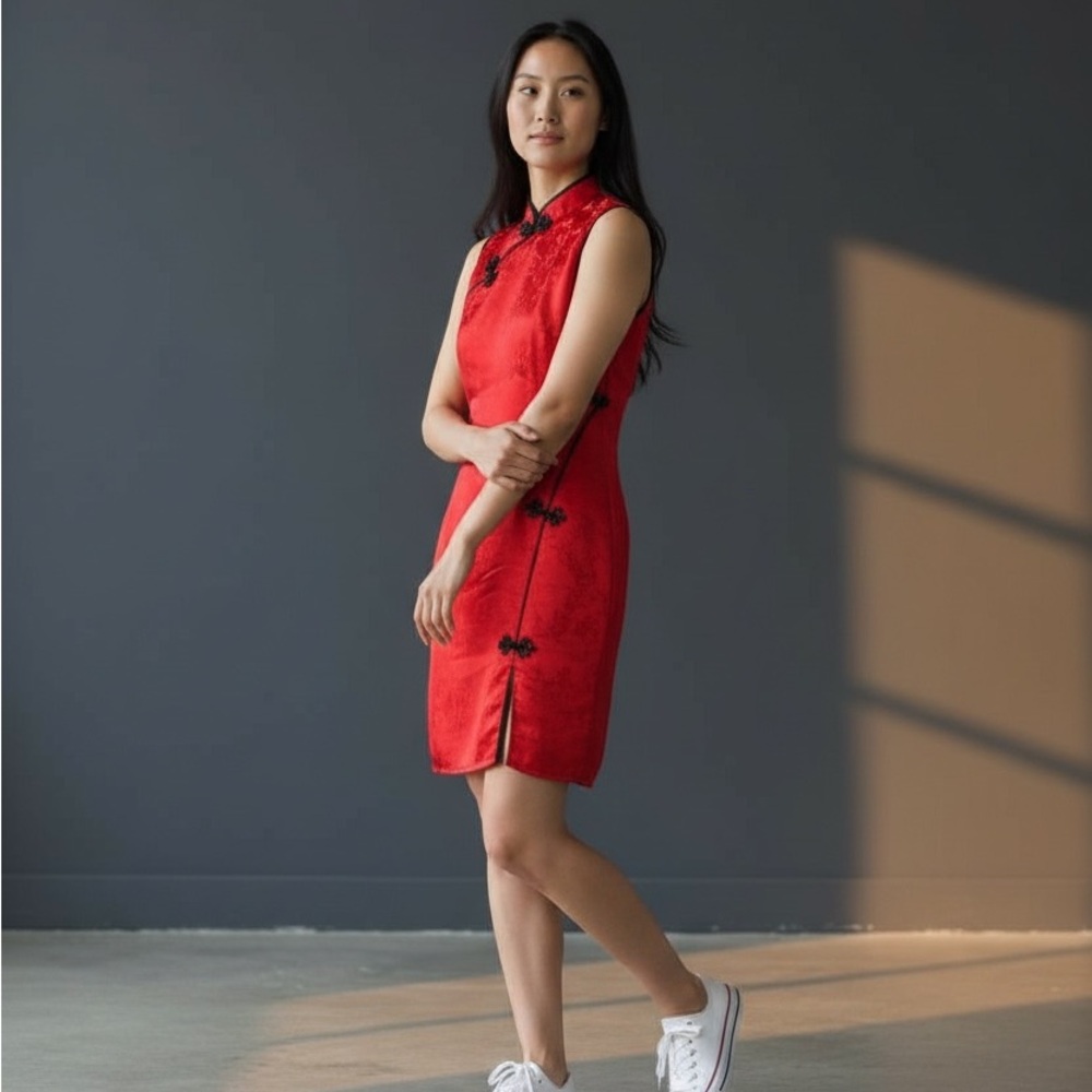Vintage Red Qipao Mandarin Collar Mini Dress Frog Closures Sz Medium Made In USA - Picture 2 of 15